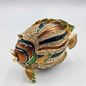Enamel & Gold tone Fish Trinket Jewelry Box Blue Green Hinged Enamel Jeweled